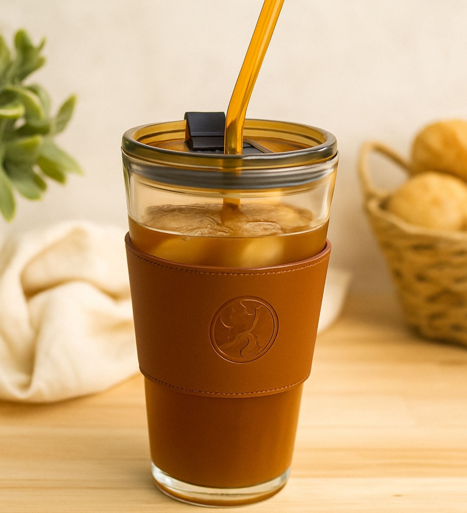450ml Leather-Sleeved Double Wall Insulated (Heat-Resistant) Glass Drinking Cup (Assorted)