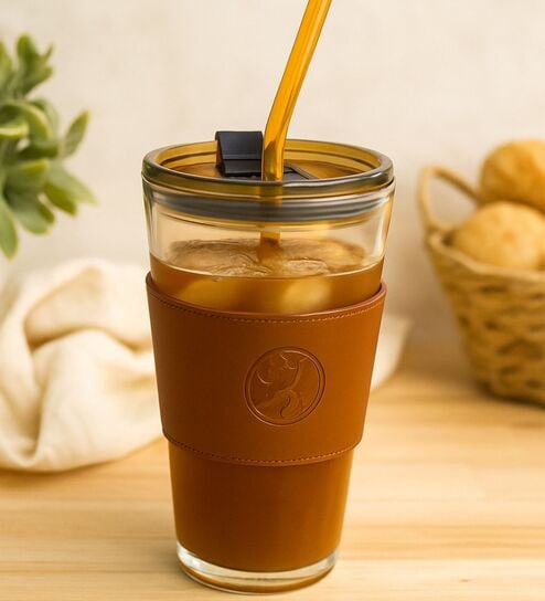 450ml Leather-Sleeved Double Wall Insulated (Heat-Resistant) Glass Drinking Cup (Assorted)