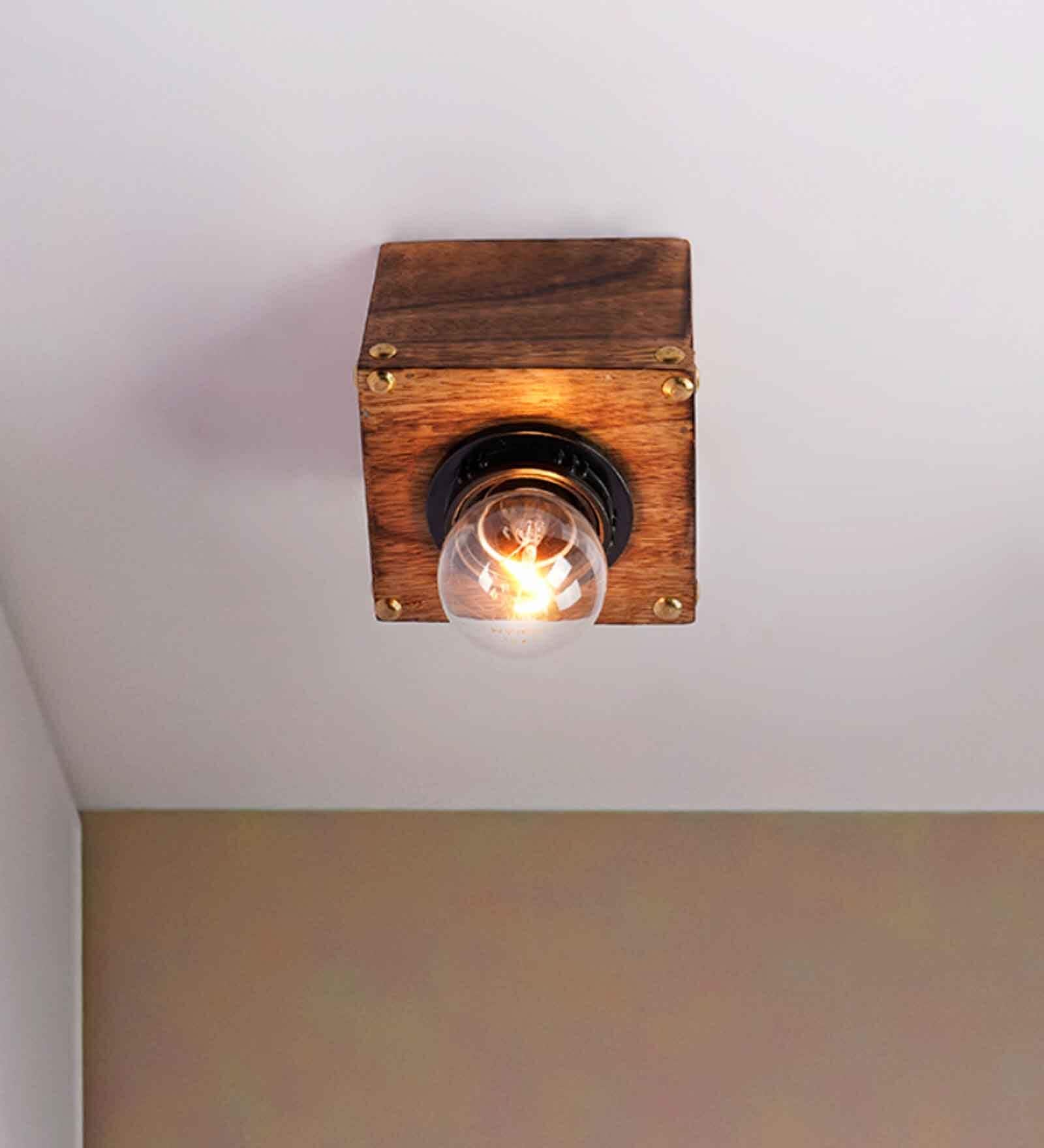 4x4 Inch Wood Mini Ceiling Flush Mount Light with Brass Studs