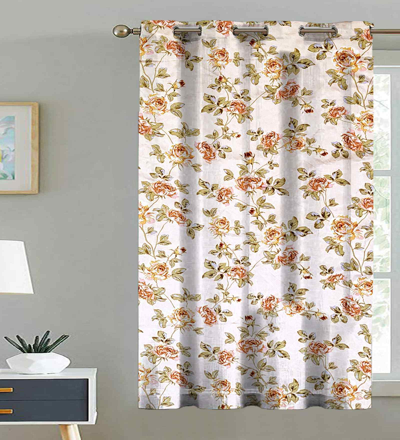 Beige Cotton Floral 5ft Eyelet Window Curtain (1 Pc)