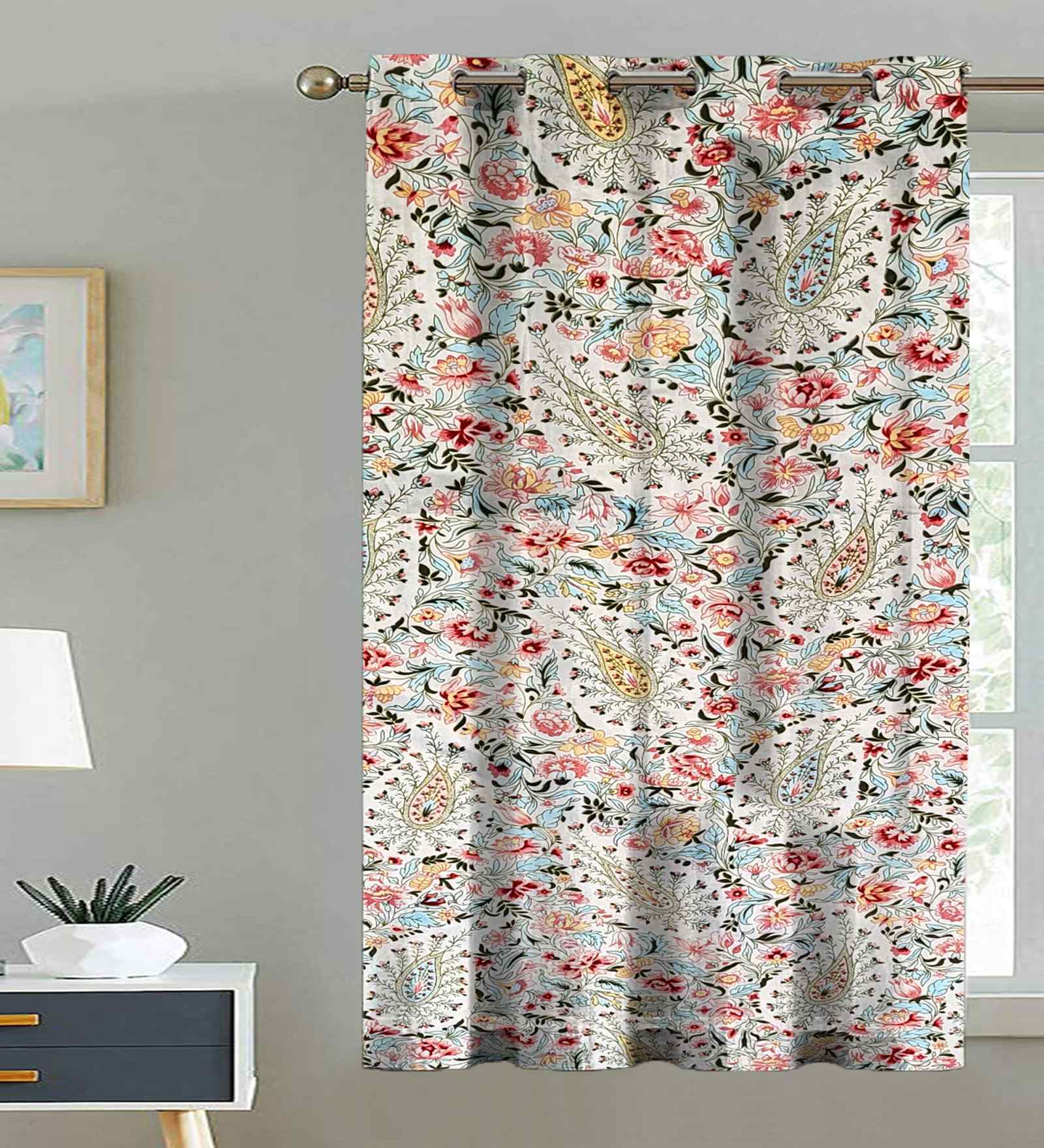 Beige Cotton Floral 5ft Eyelet Window Curtain (1 Pc)