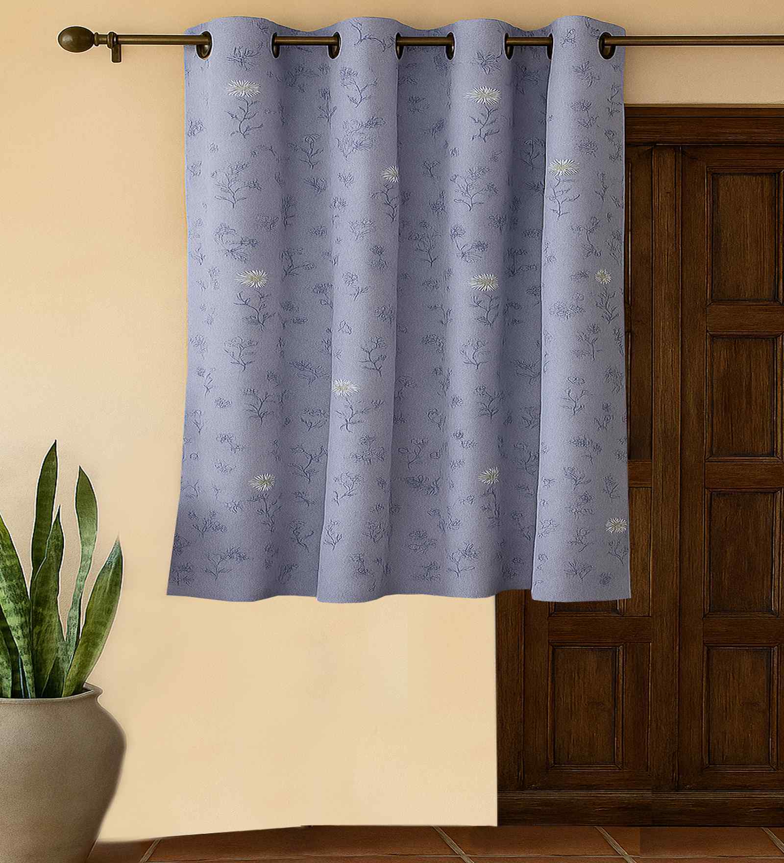 Grey Cotton Floral 5ft Eyelet Window Curtain (1 Pc)