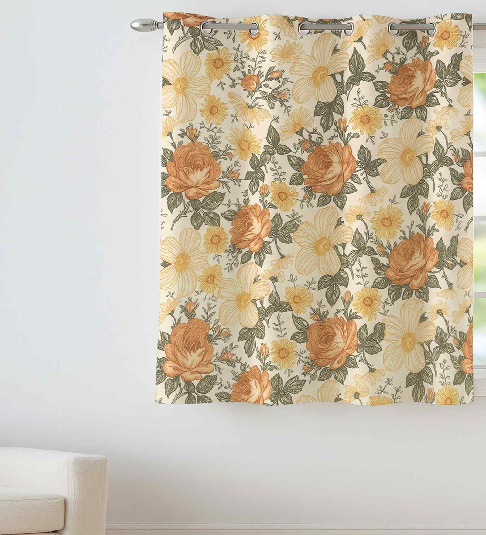 Orange Cotton Floral 5ft Eyelet Window Curtain (1 Pc)