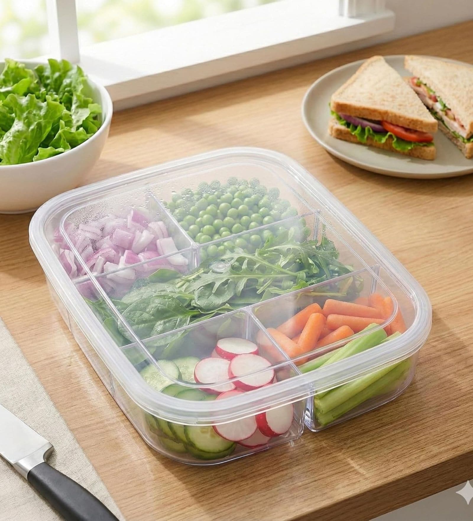 5 Grid Fridge Storage Box with Compartments | BPA Free Plastic Food Storage Container | Vegetable & Fruit Organizer for Refrigerator