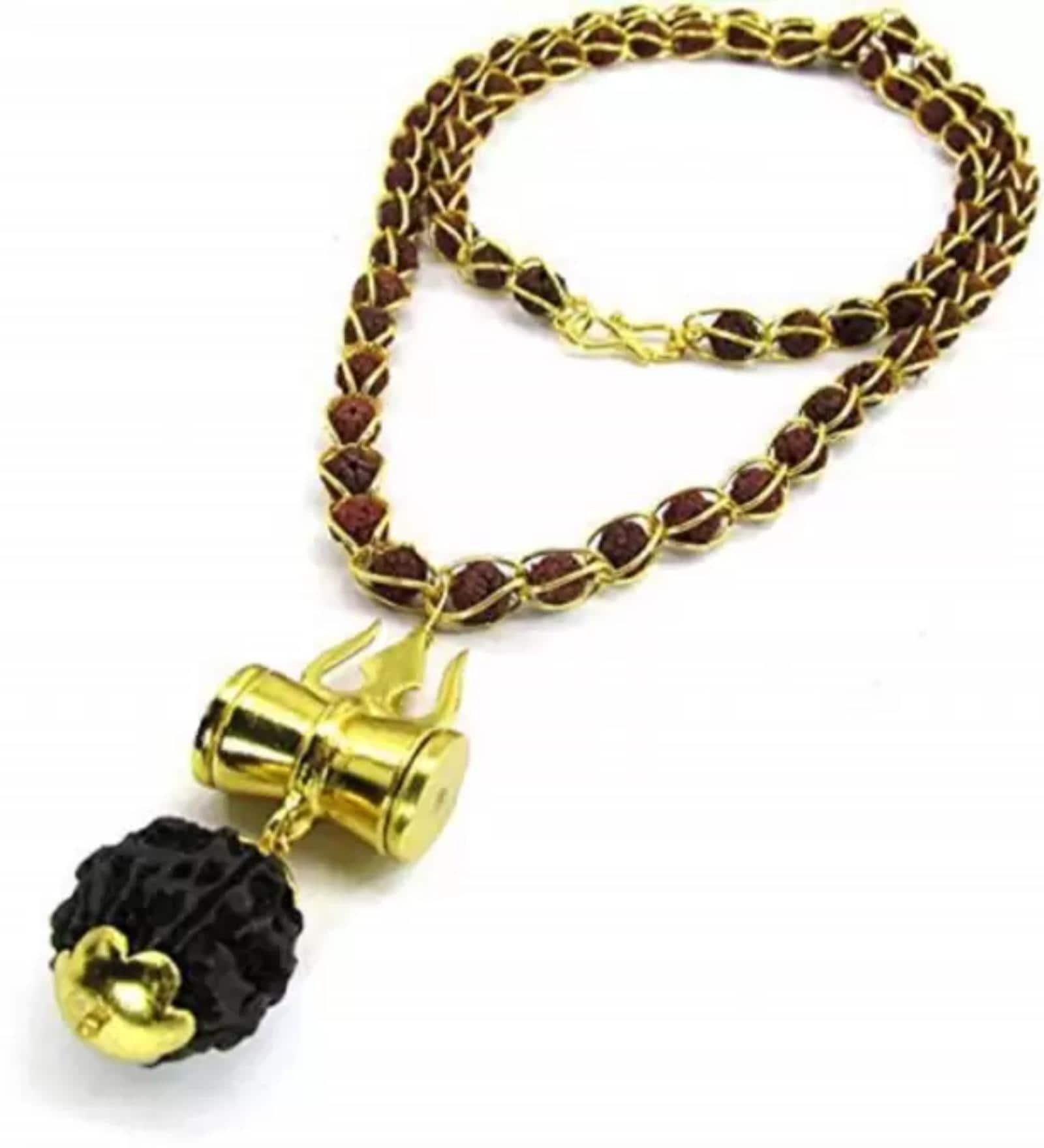 5 Mukhi Rudraksha Mala With Brass Shiv Trishul & Damru