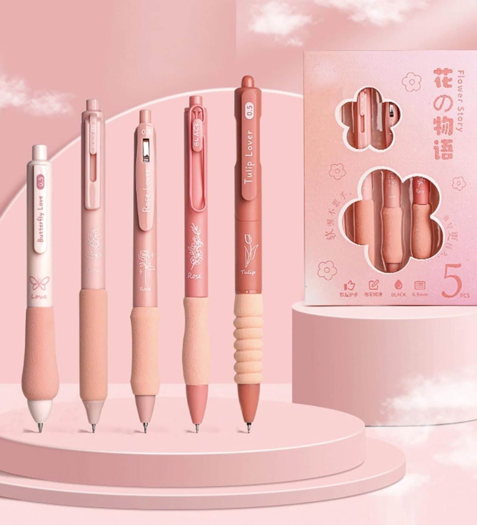 Floral Theme Gel Pens Soft Grip Set of 5 Blue Ink (0.5mm)