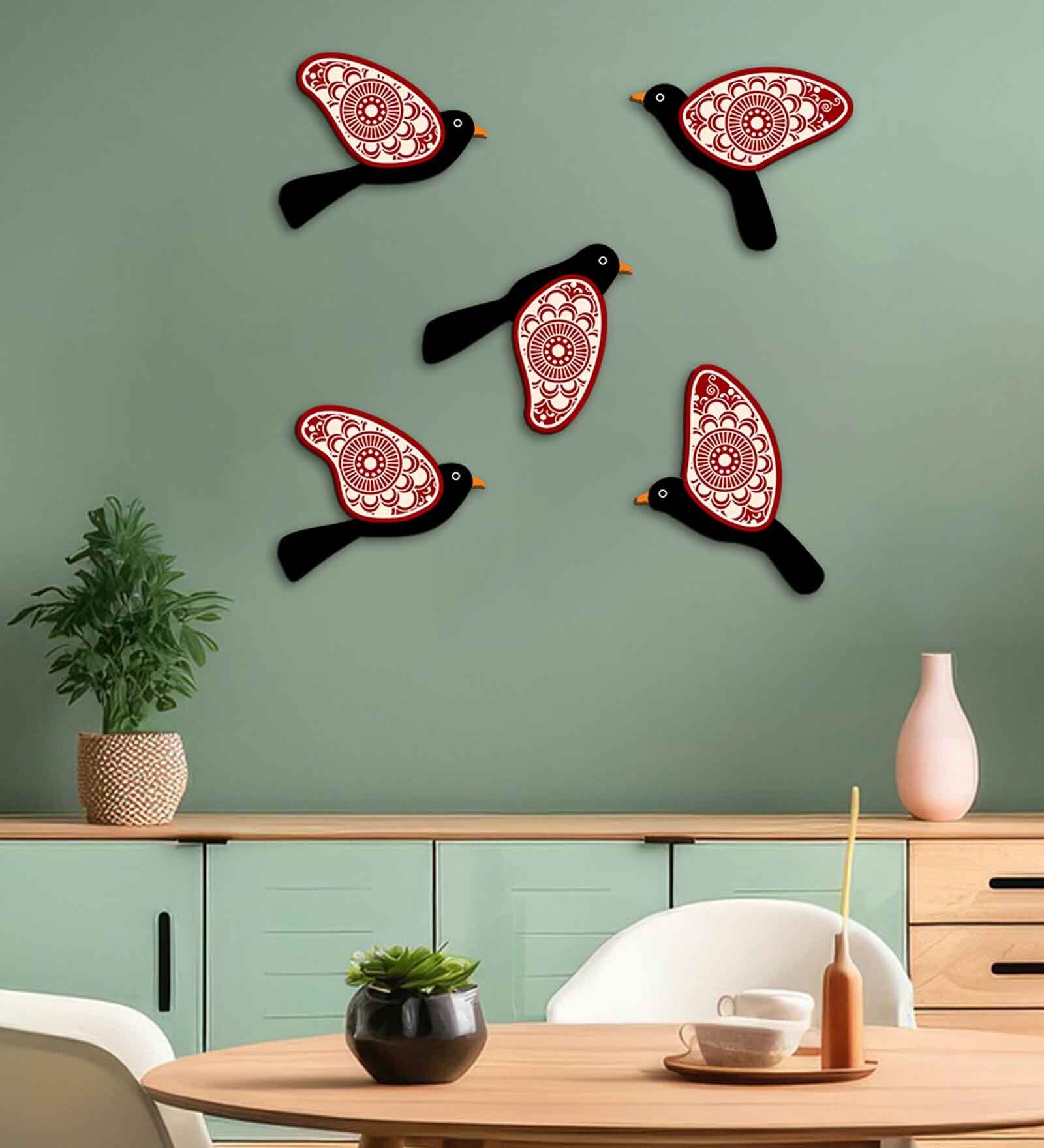 5 Pcs Red Wooden Cute Bird Plaques