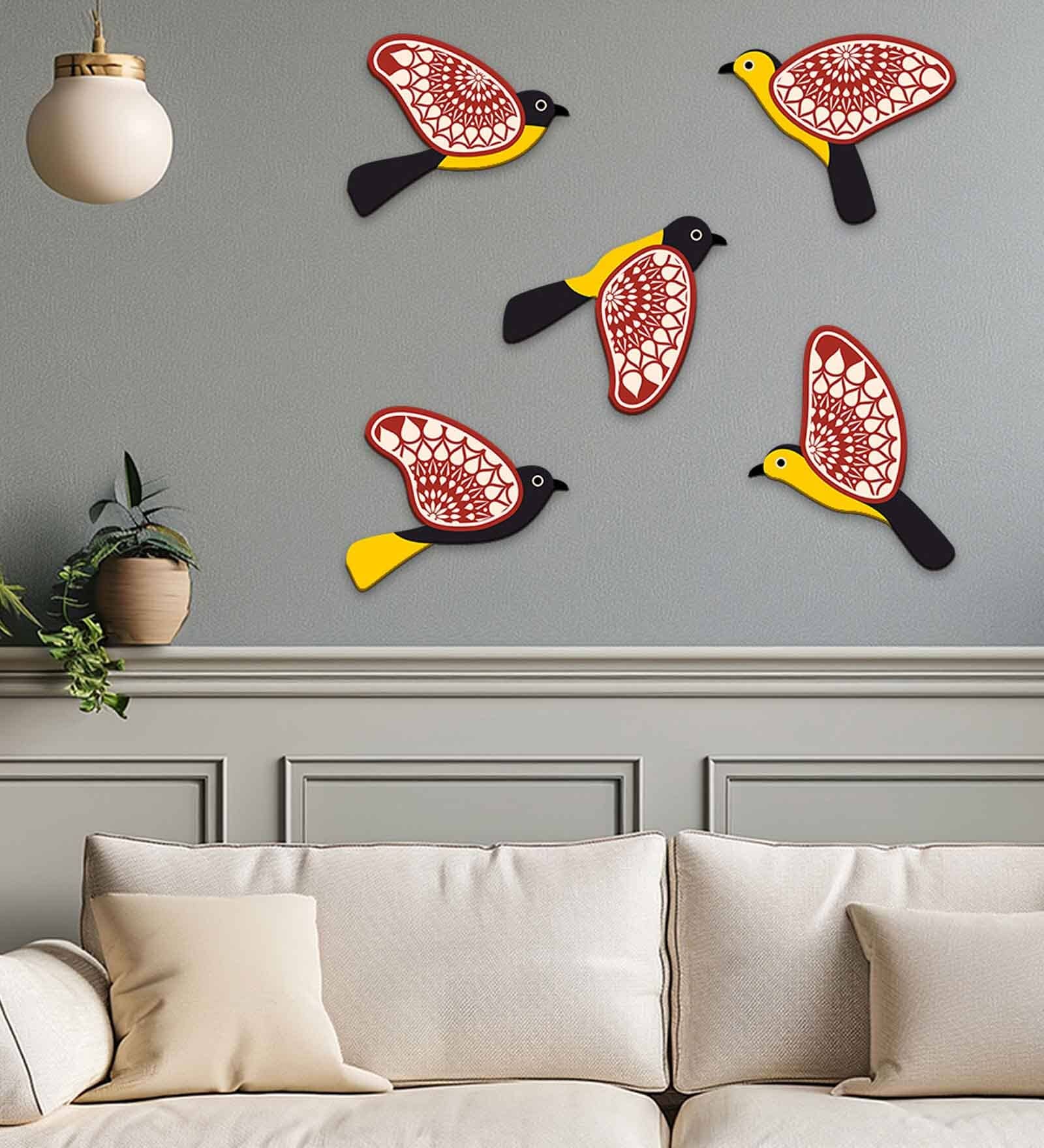5 Pcs Red & Black Wooden Cute Bird Plaques
