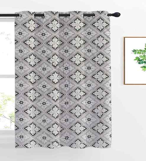 Grey Cotton Floral 5ft Eyelet Window Curtain (1 Pc)