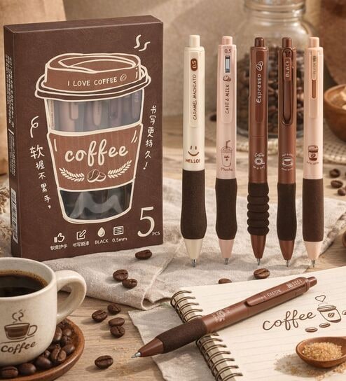 5 Pcs Coffee Theme Fine Point Pens Set 0.5mm Blue Ink with Soft Rubber Grip