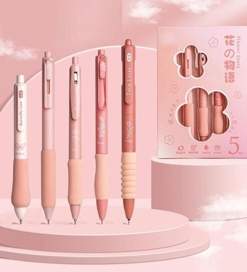 Floral Theme Gel Pens Soft Grip Set of 5 Blue Ink (0.5mm)