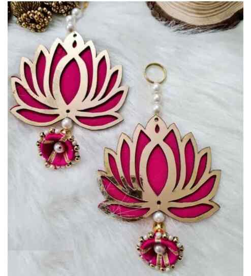 5 Pcs Handmade Engineered Wood Lotus Cut-Out Wall DecorLotus with Jhumki Style Hanging Pink