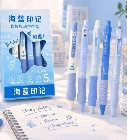 Star Gel Theme Pens Set of 5 Fine Point Quick Dry Ink Smooth Writing 0.5mm