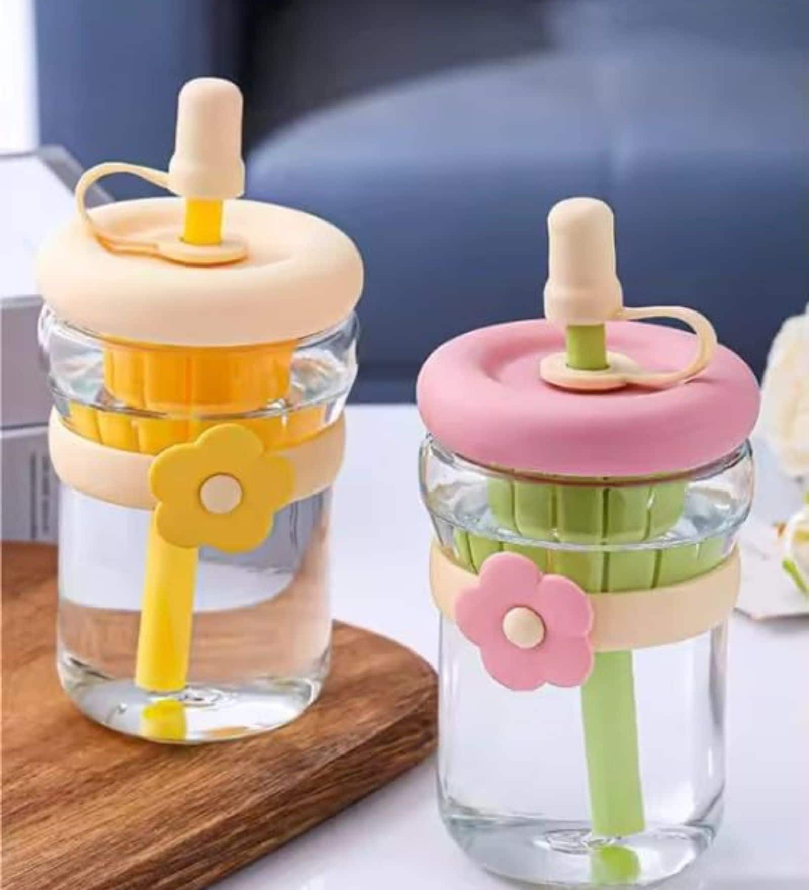 500ml Flower Band Glass Sipper Bottle (Transparent)