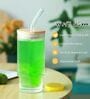 500ml Ribbed Glass Coffee Tumbler with Wooden Lid & Straw