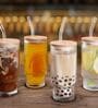 500ml Ribbed Glass Coffee Tumbler with Wooden Lid & Straw