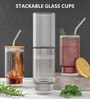 500ml Ribbed Glass Coffee Tumbler with Wooden Lid & Straw