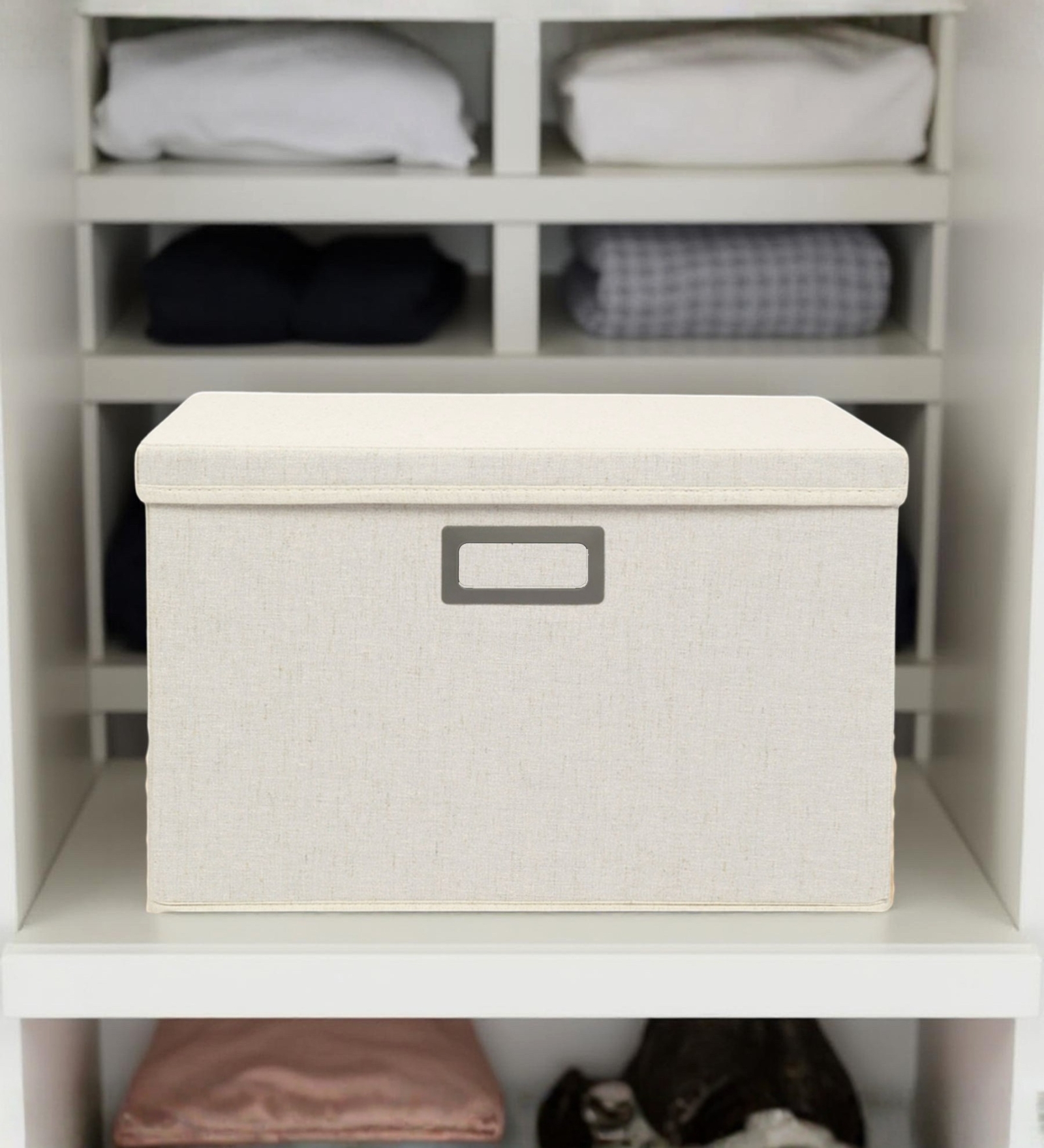 54 L Foldable Storage Box with Lid, Cotton Hemp Fabric Collapsible Organiser