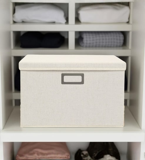 54 L Foldable Storage Box with Lid, Cotton Hemp Fabric Collapsible Organiser