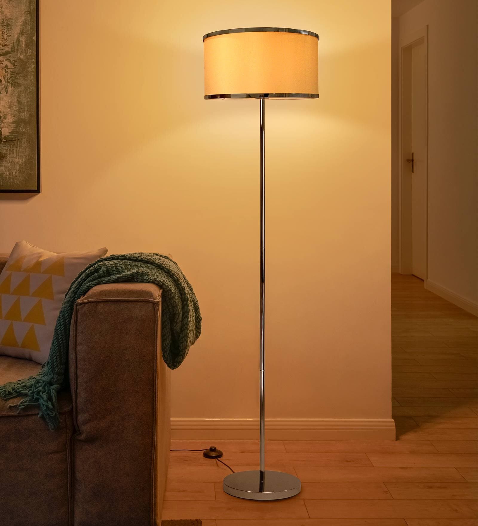 White & Silver Fabric Shade Club Floor Lamp With Metal Base