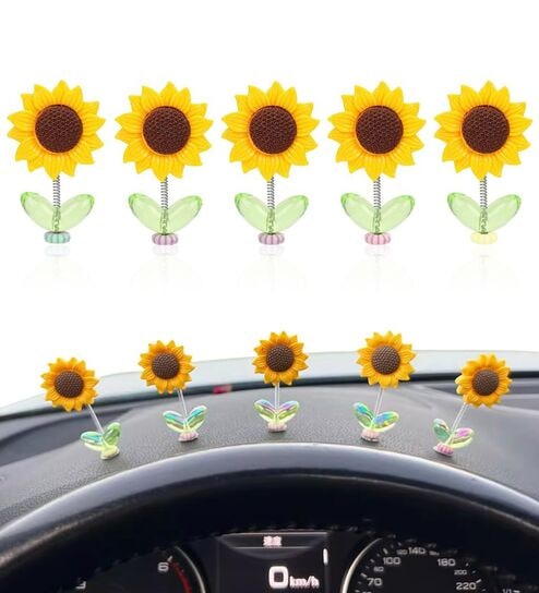 5Pcs Mini Sunflower Car Decoration 2.36 inches Swing Sun Flower Car Dashboard Decoration