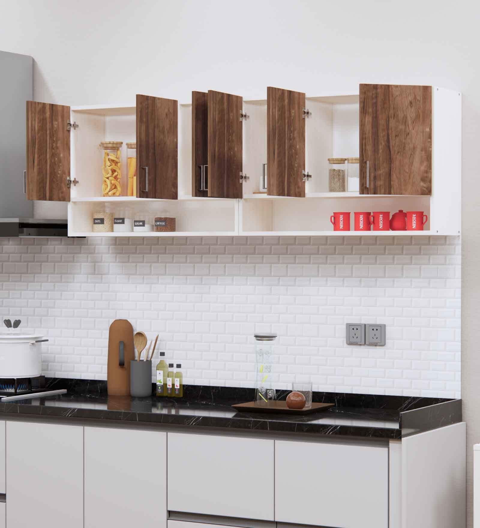 6 Doors Modular Wall Mounted Kitchen Cabinet with Organizer Shelf in Cochwood Brown & Highland Pine Finish