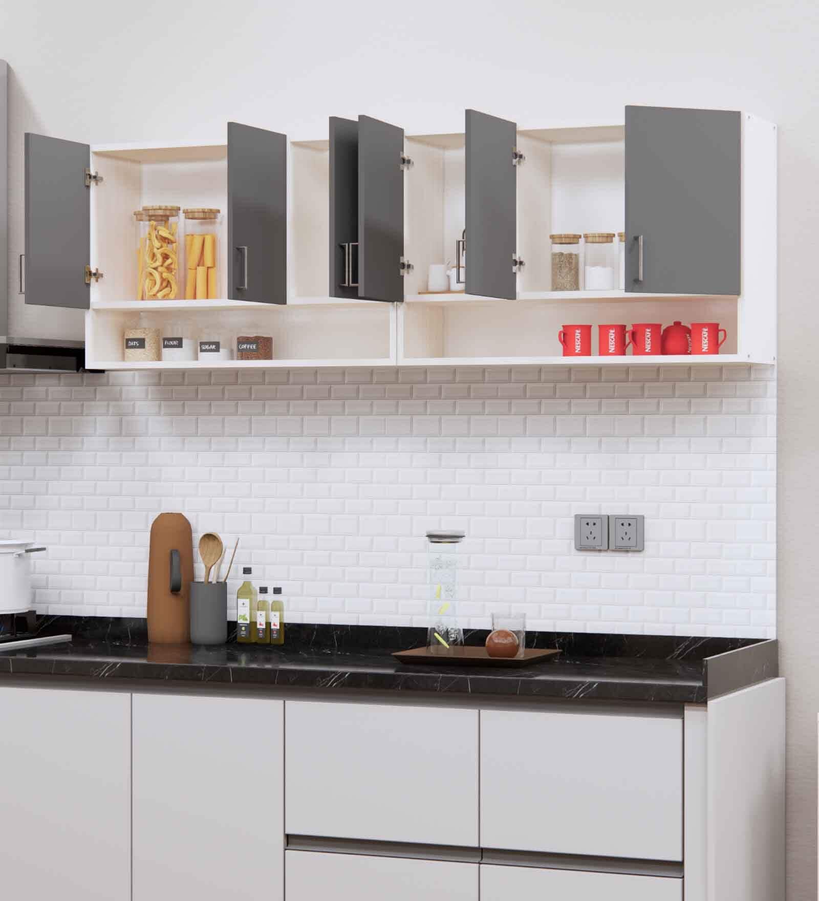 6 Doors Modular Wall Mounted Kitchen Cabinet with Organizer Shelf in Slate Grey & Highland Pine Finish