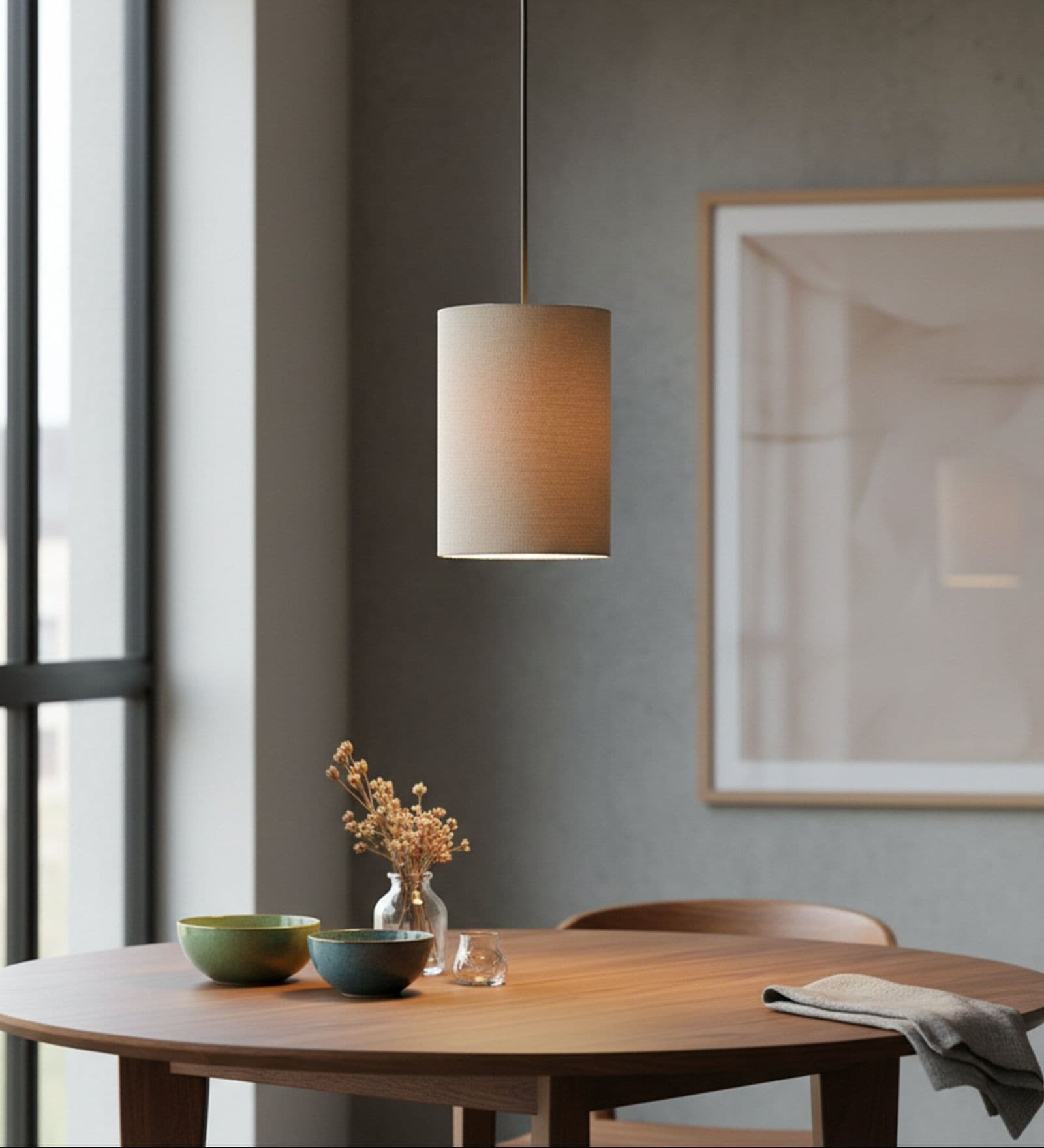 6-Inch Beige Fabric Cylinder Pendant Light, Modern Hanging Ceiling Lamp