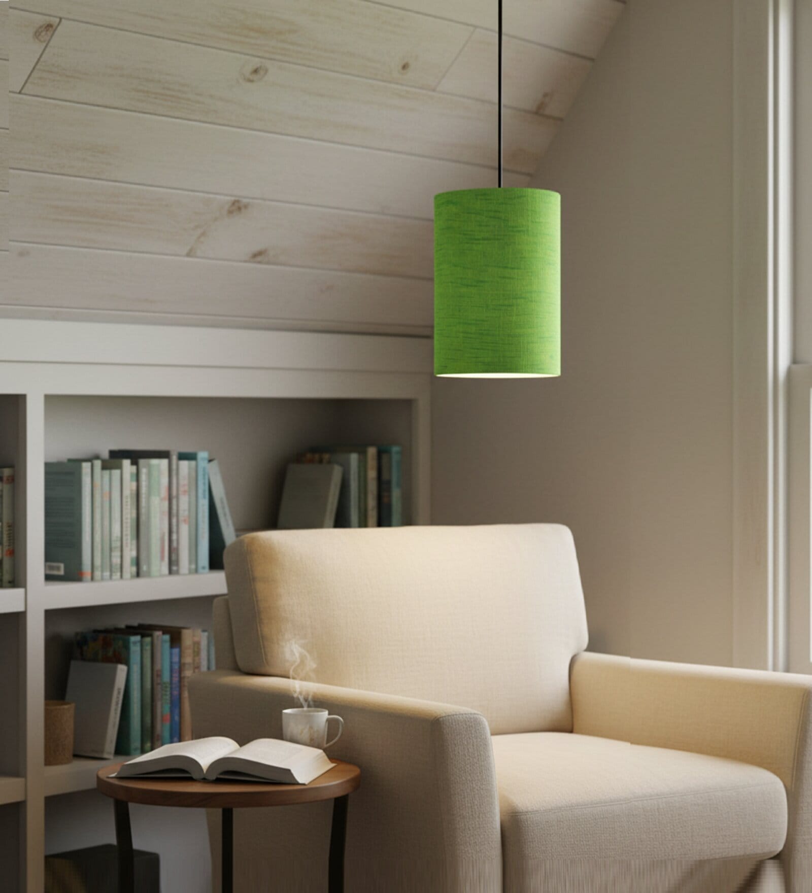 6-Inch Green Texture Fabric Cylinder Pendant Light, Modern Hanging Ceiling Lamp
