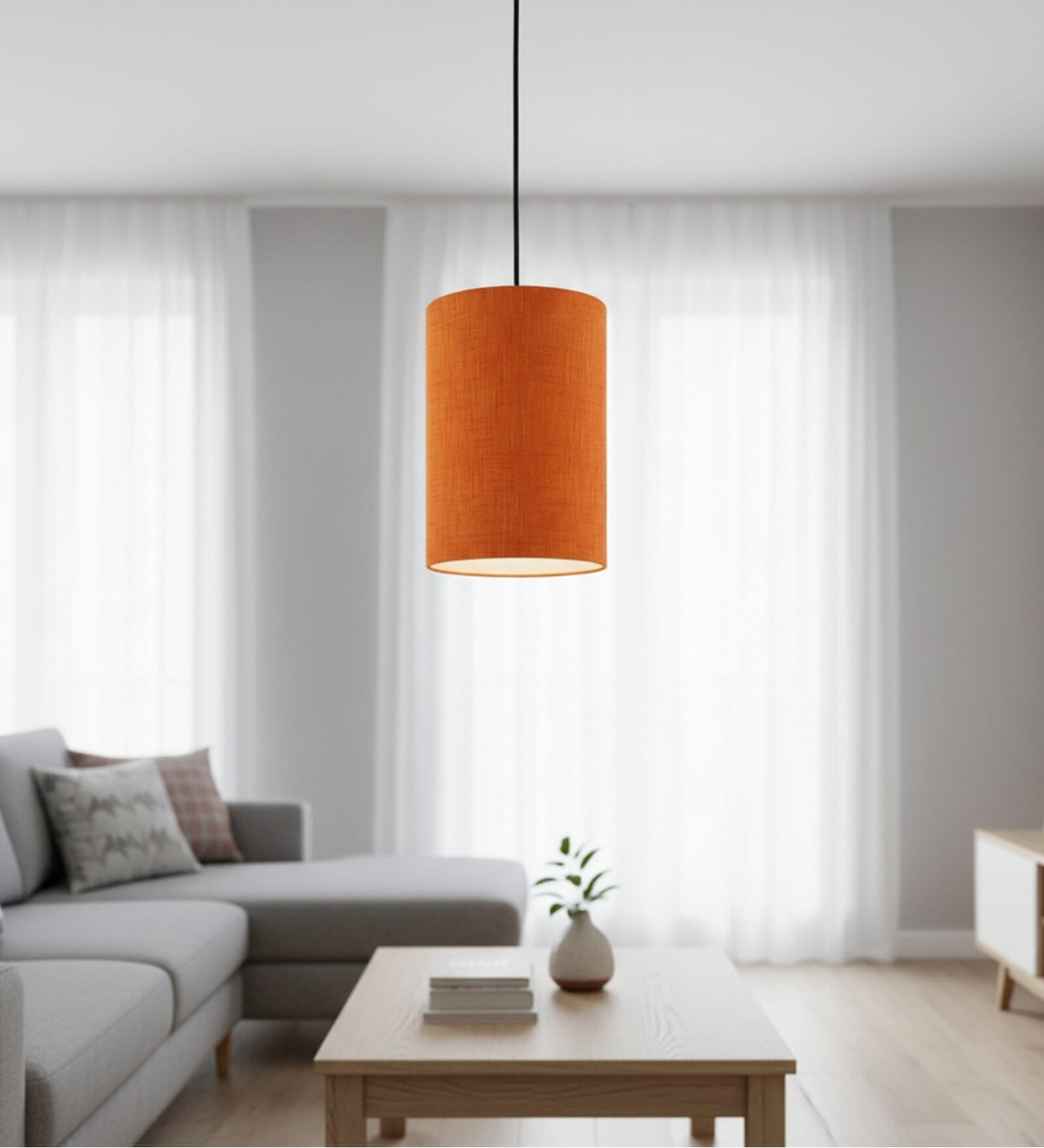 6-Inch Orange Texture Fabric Cylinder Pendant Light, Modern Hanging Ceiling Lamp