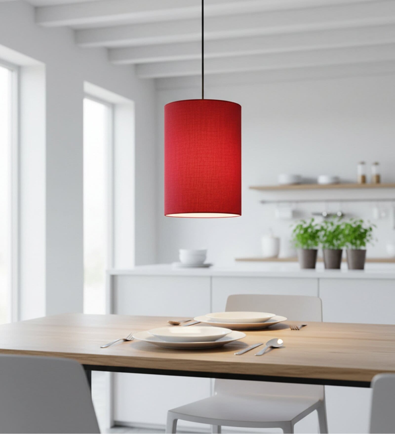 6-Inch Red Fabric Cylinder Pendant Light, Modern Hanging Ceiling Lamp