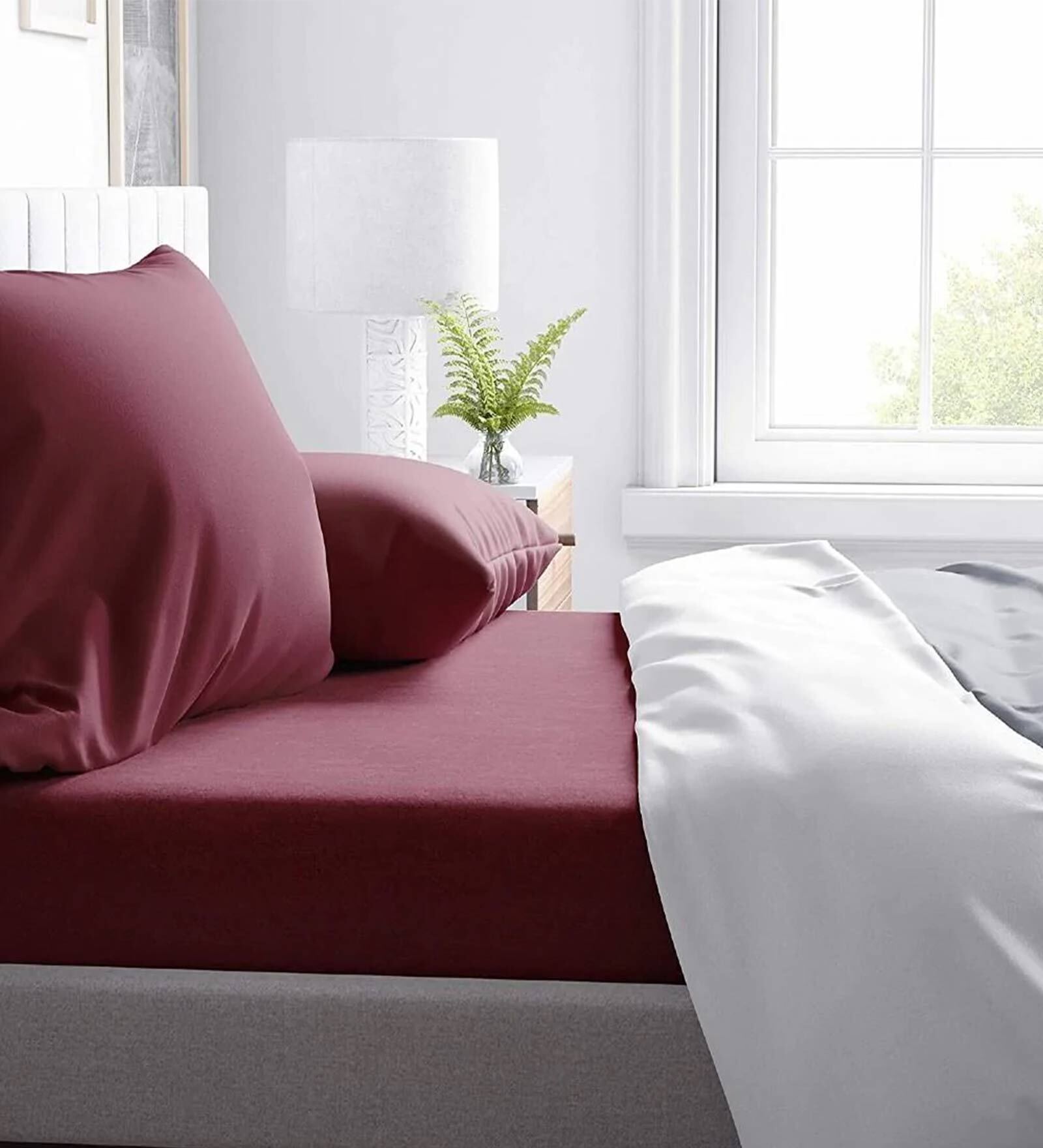 Buy Burgundy Solid 300 TC 100 Cotton King Sized Fitted Bed Sheets with