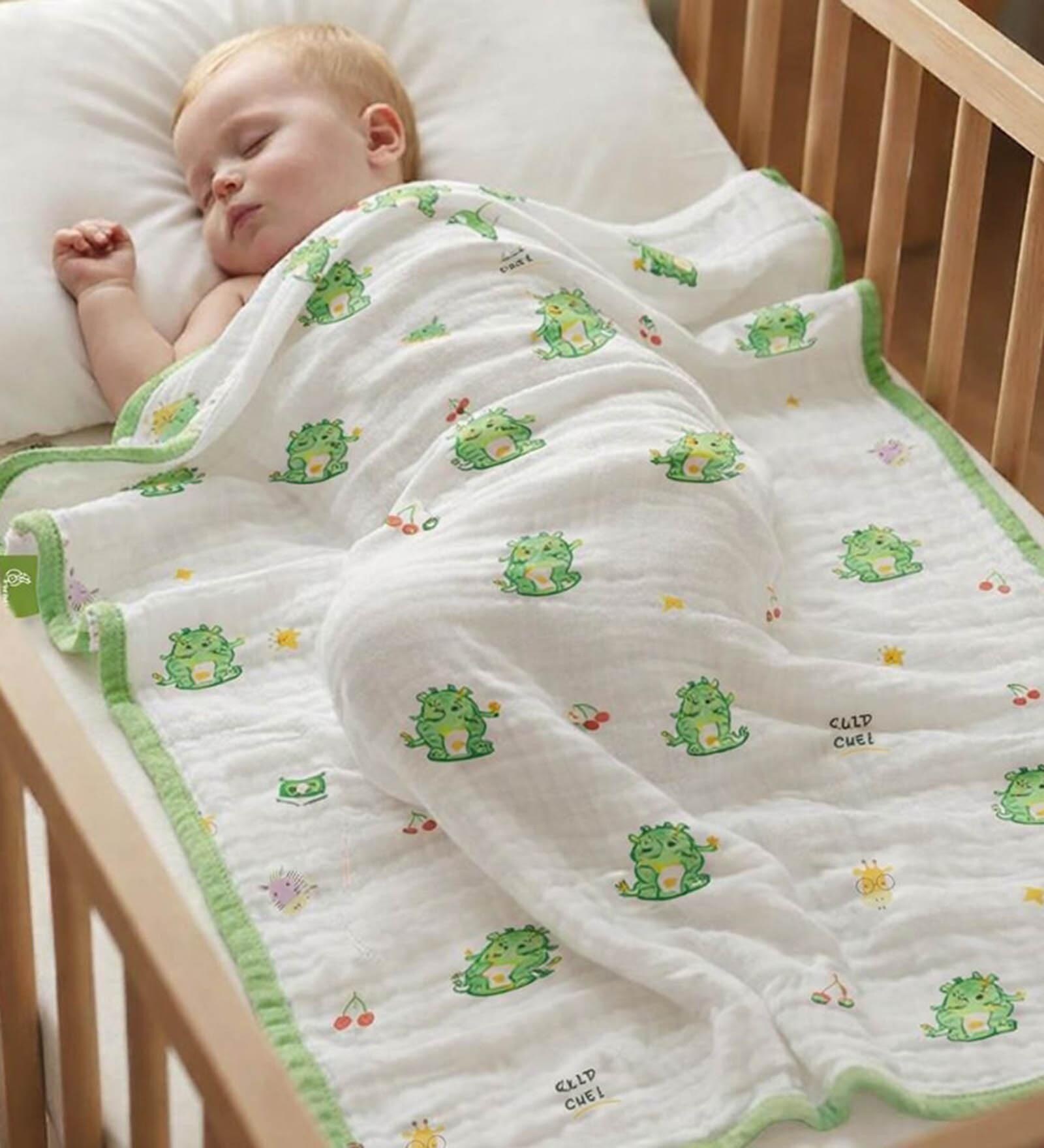 White 6-Layer Baby Muslin Blanket Organic Cotton green dinosaur Print