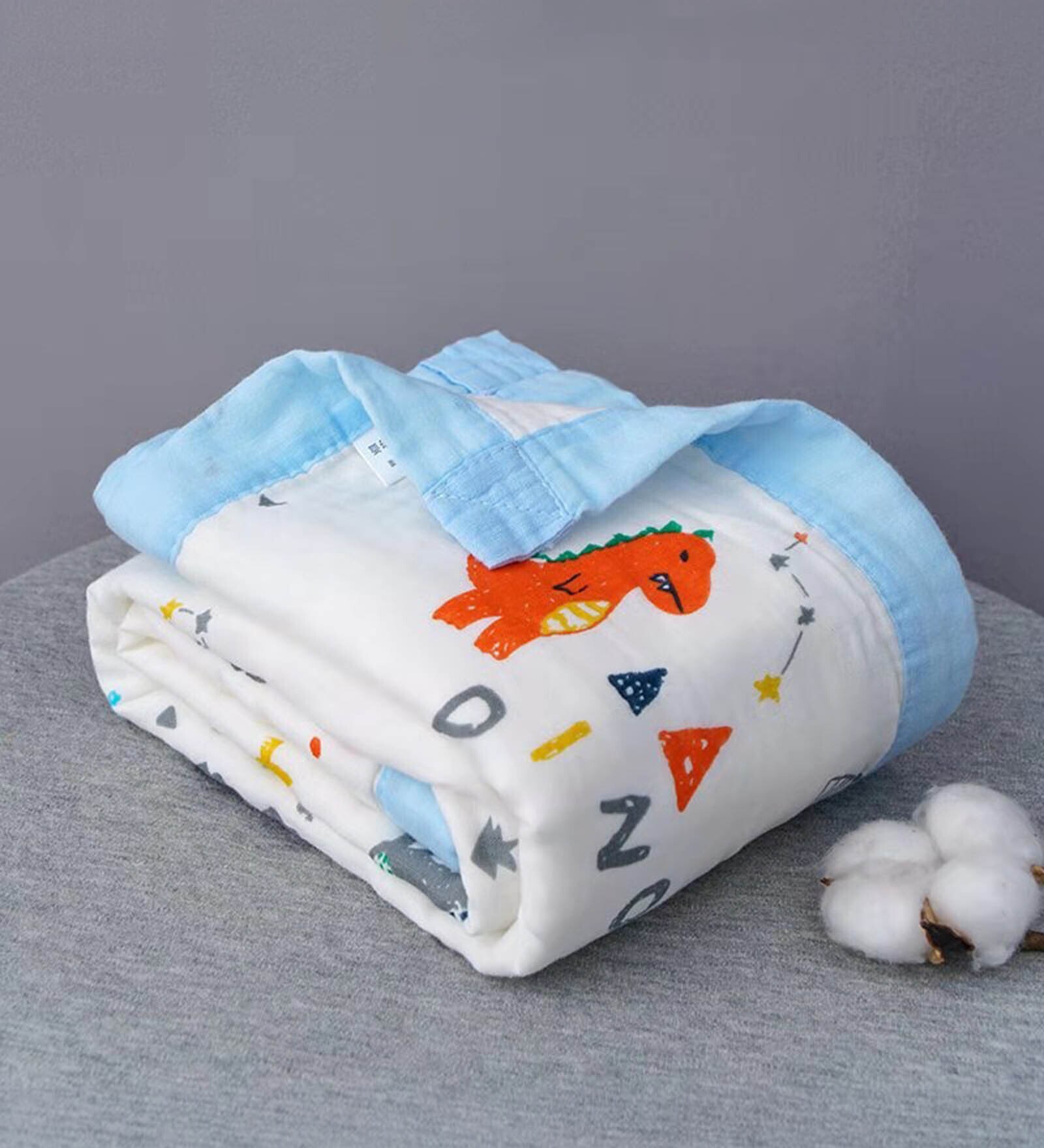 Blue 6-Layer Baby Muslin Blanket Organic Cotton mix colored dinosaur Print