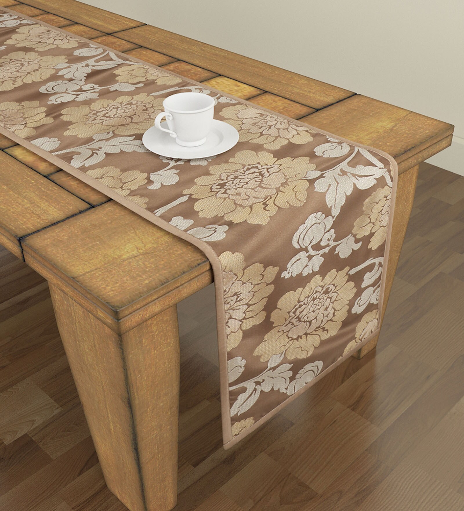 6 Seater Premium Quality Floral Coffee & Sage Green Table Runner 72 Inches x 12 Inches