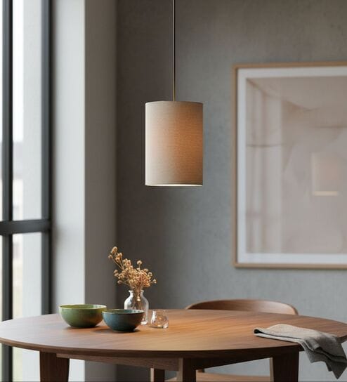 6-Inch Beige Fabric Cylinder Pendant Light, Modern Hanging Ceiling Lamp