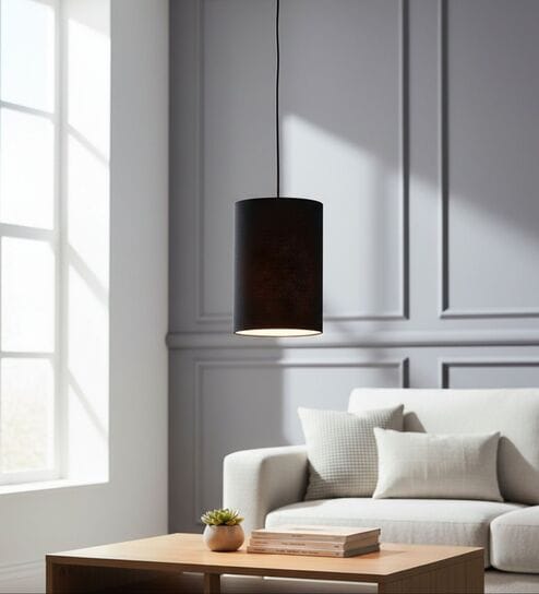 6-Inch Black Fabric Cylinder Pendant Light, Modern Hanging Ceiling Lamp