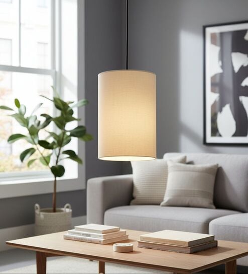 6-Inch Cream Fabric Cylinder Pendant Light, Modern Hanging Ceiling Lamp