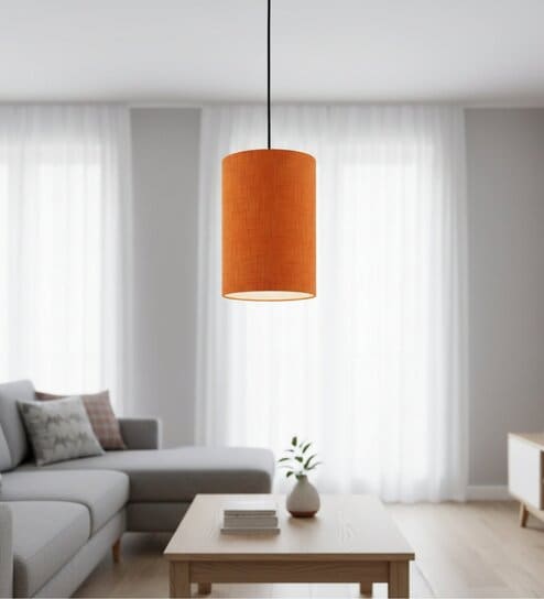 6-Inch Orange Texture Fabric Cylinder Pendant Light, Modern Hanging Ceiling Lamp
