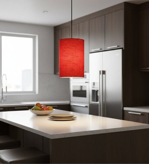 6-Inch Red Texture Fabric Cylinder Pendant Light, Modern Hanging Ceiling Lamp