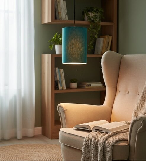 6-Inch Teal Fabric Cylinder Pendant Light, Modern Hanging Ceiling Lamp