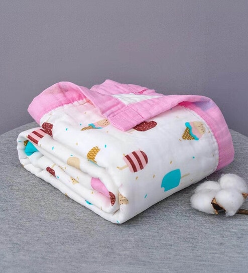Cream 6-Layer Baby Muslin Blanket Organic Cotton ice-cream and popsicle Print