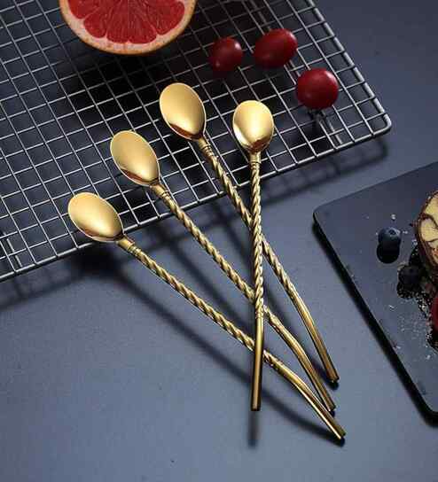 6 Pcs Stainless Steel 2-in-1 Straw Cum Spoons with Cleaning Brush (Golden)
