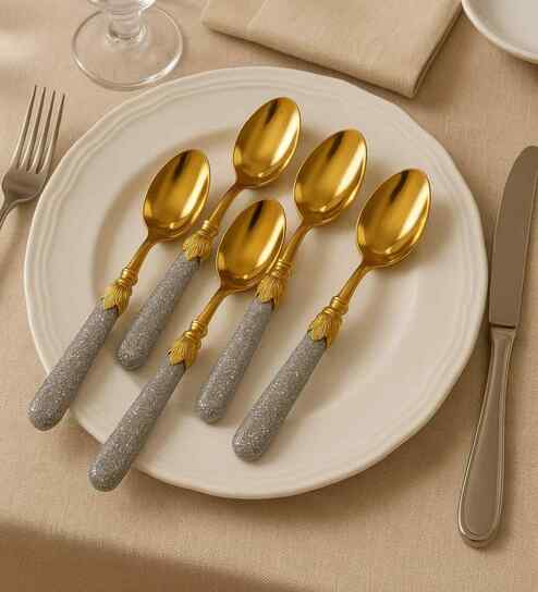 6-Piece Decorative Gold-Plated Spoons Set with Glitter Silver Handle (16.5 cm)