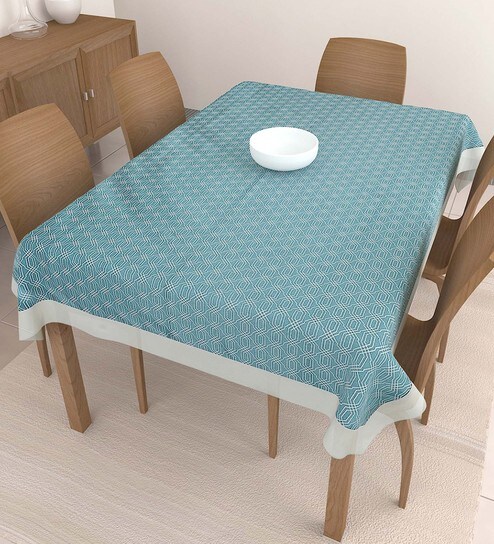 6 Seater Premium Quality Geometrical Turquoise 90x60 Inches Table Cover With Matching Border By S9home By Seasons