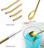 6 Pcs Stainless Steel 2-in-1 Straw Cum Spoons with Cleaning Brush (Golden)