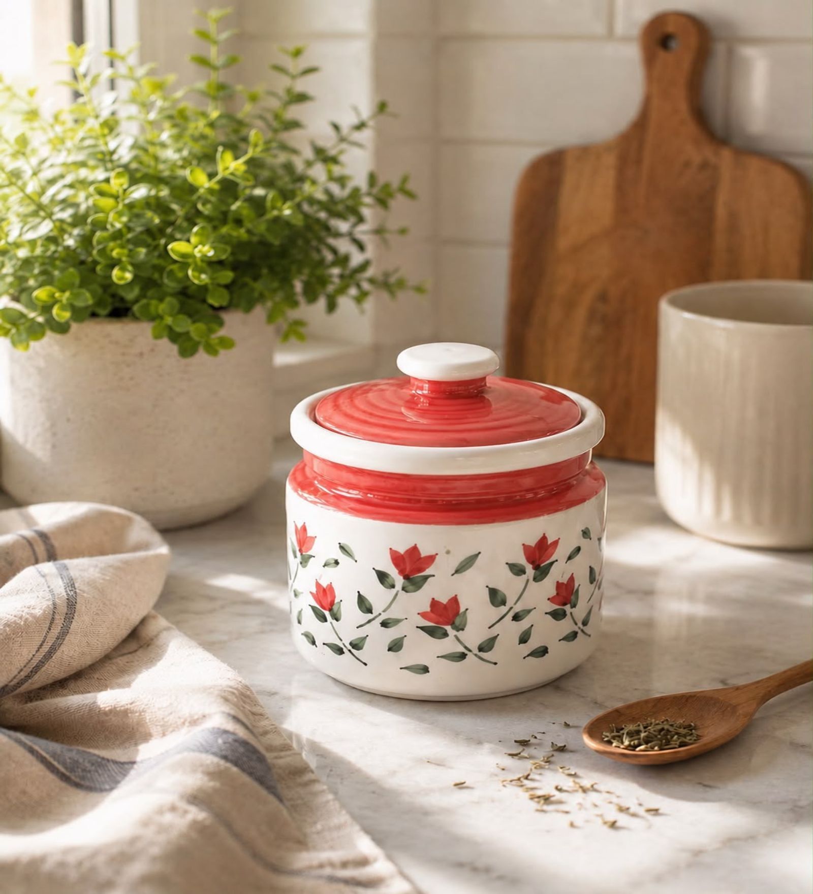 Red & White 600 ML Ceramic Barni Jar with Lid