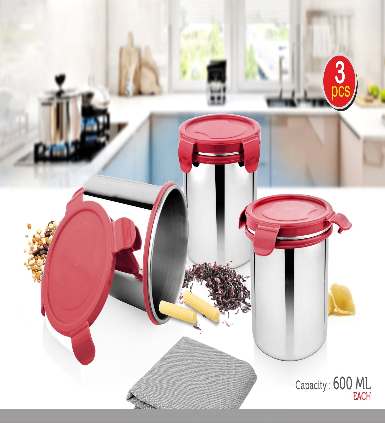 600ml Red Plastic & Stainless Steel (Set of 3) Clip Lock Canister