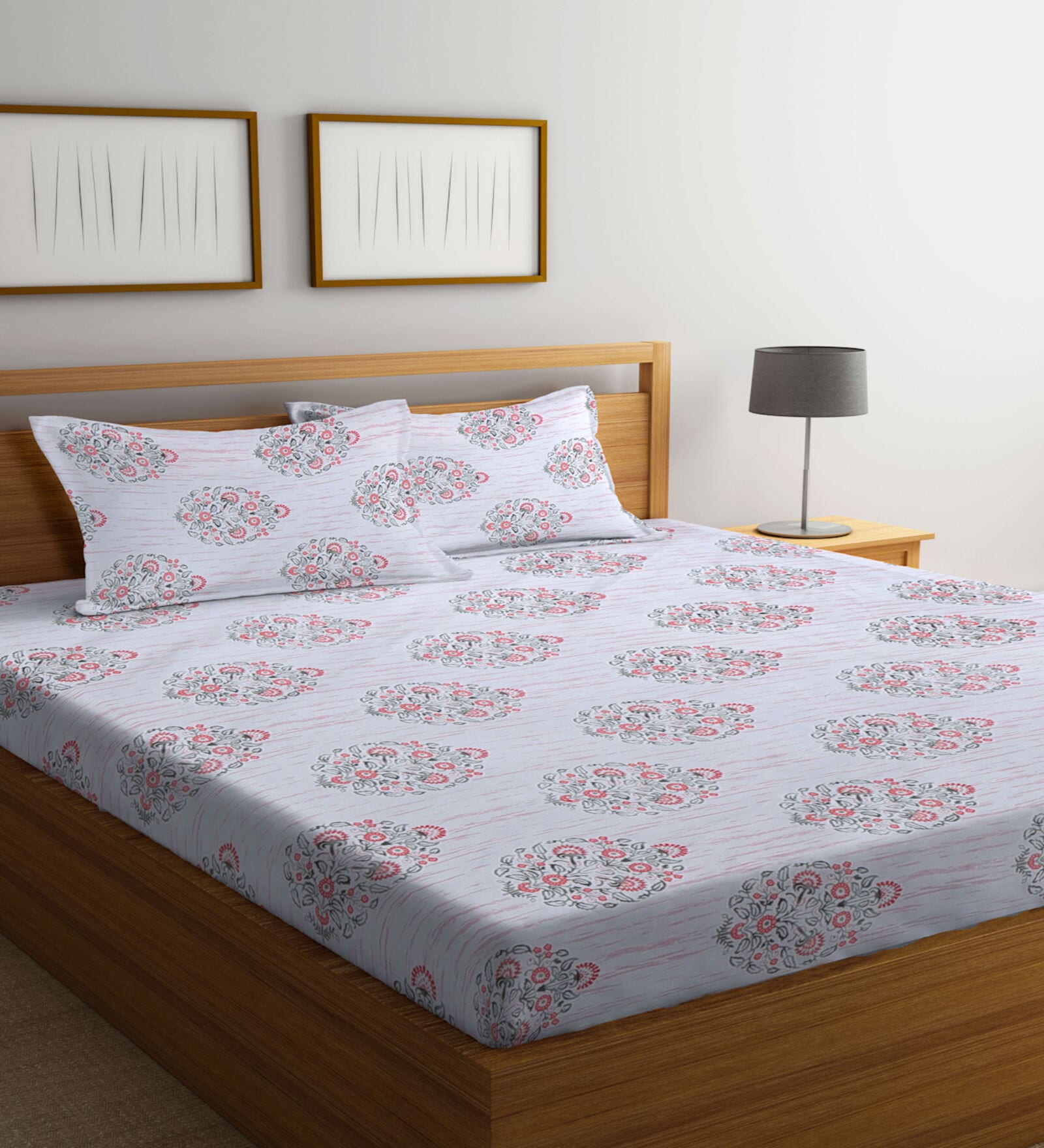 White Floral 300 TC Poly Cotton  Double Bedsheet with 2 Pillow Covers