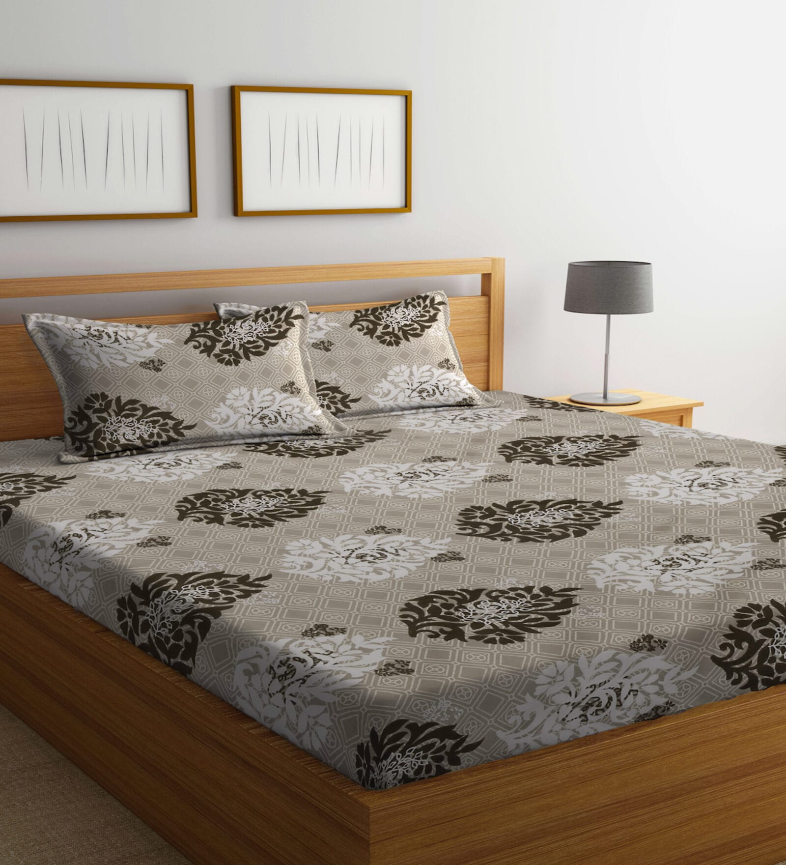 Brown Traditional 300 TC Poly Cotton  Double Bedsheet with 2 Pillow Covers
